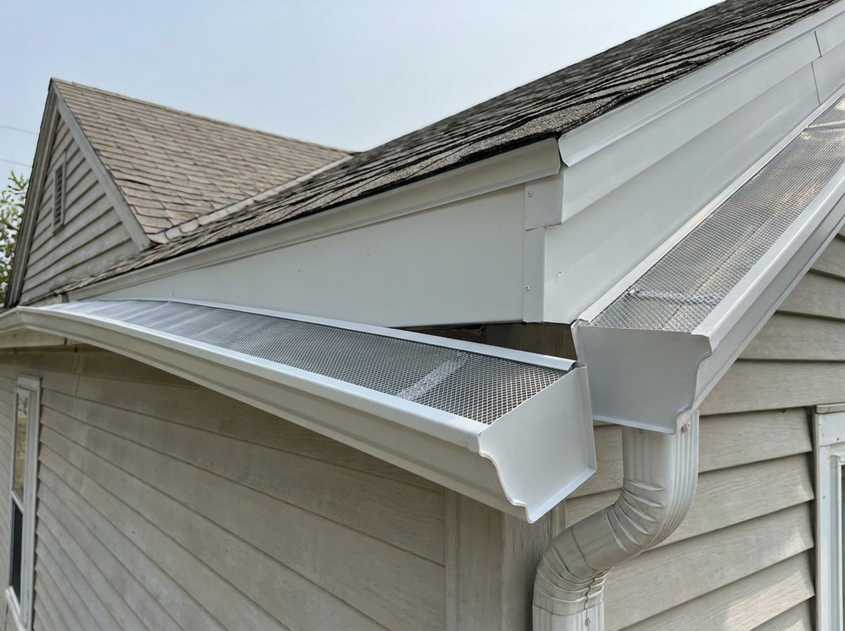 New seamless aluminum gutters with leaf guards after installation