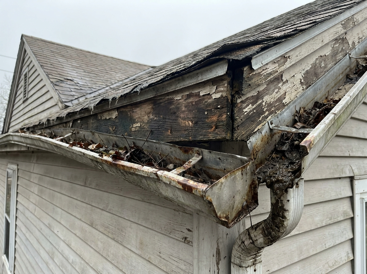 Old sagging rusty gutters and worn fascia before replacement