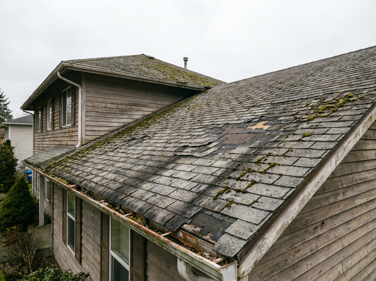 Worn weathered roof with curling shingles before replacement