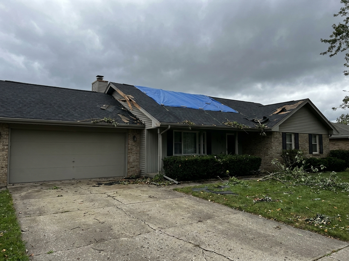 Storm-damaged roof with missing shingles and a tarp before repair